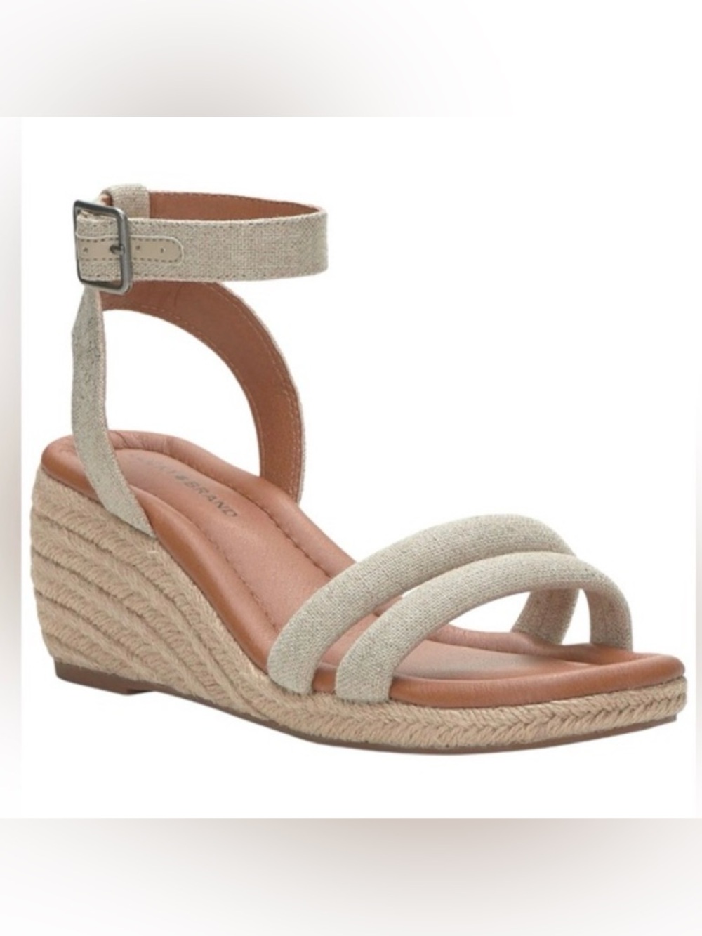 Lucky Brand Nasli Wedge Double Ankle Strap Beige Sandals Size 8M or 38.5 EUC